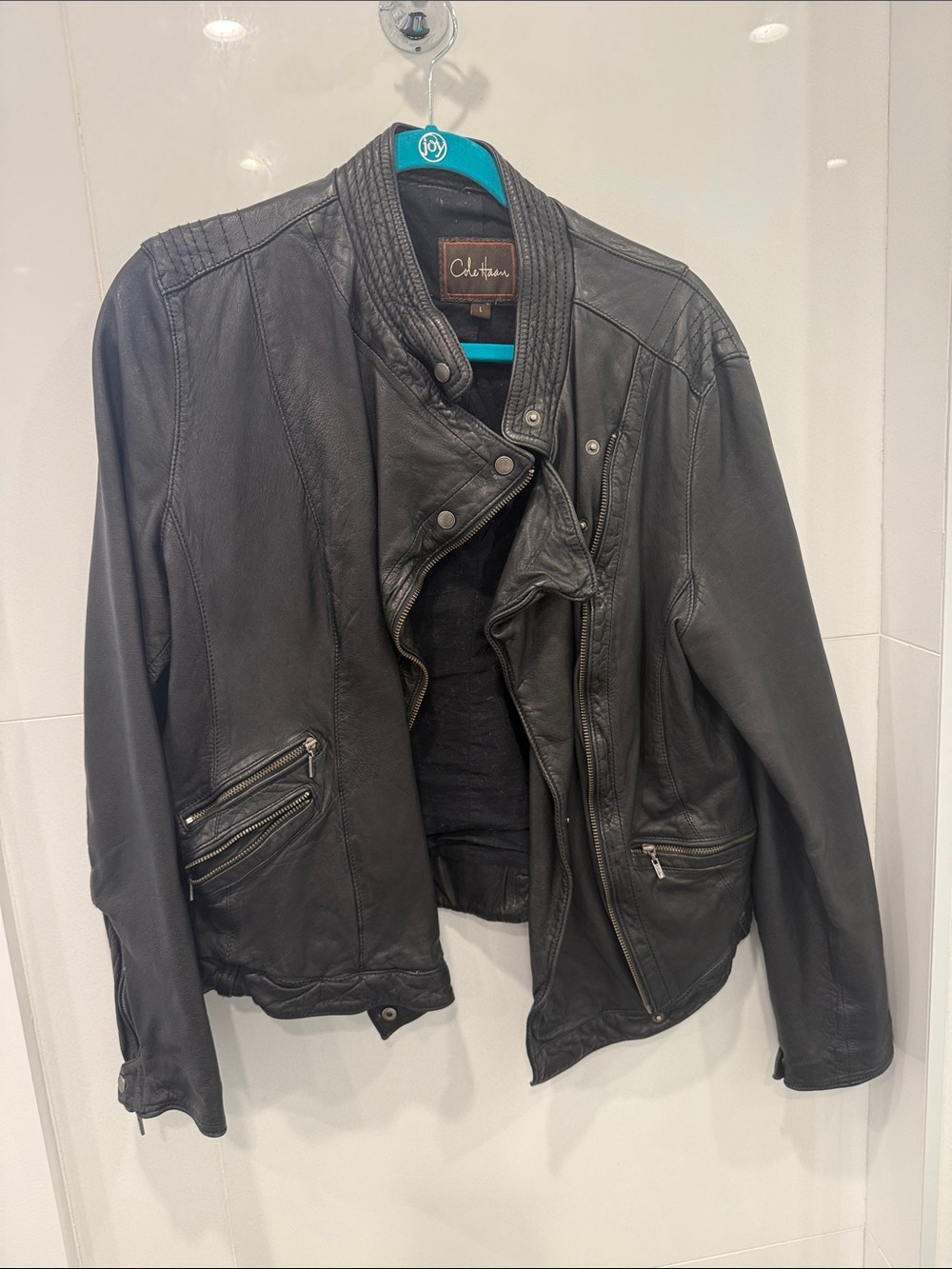 Cole Haan Black Leather Biker Jacket with Zip Pockets